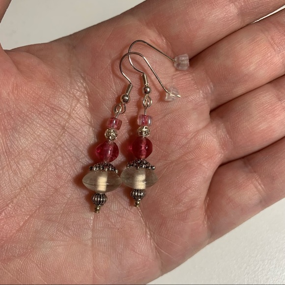 Jewelry - Pink, Clear and Silver Beaded Drop Earrings